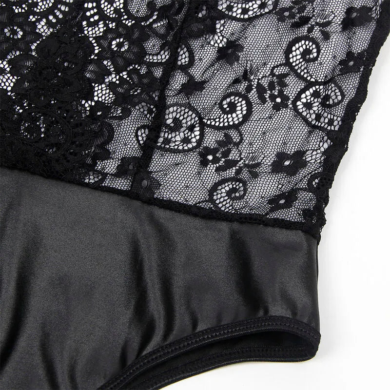 Body noir porte-jarretelles Subblime en dentelle florale et microfibre, grande taille, élégant et séduisant.