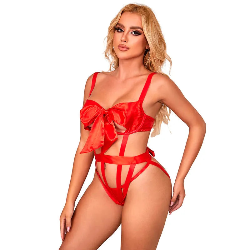 Body sexy ajouré grande taille LXL, dentelle respirante, nœud rouge, coupe flatteuse, élégance et séduction USA.