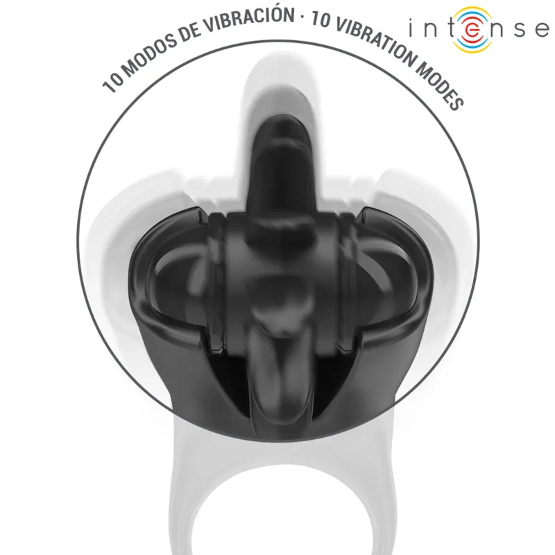 Anneau vibrant silicone noir, 10 modes vibrations, stimulation clitoridienne, ergonomique, étanche, rechargeable.