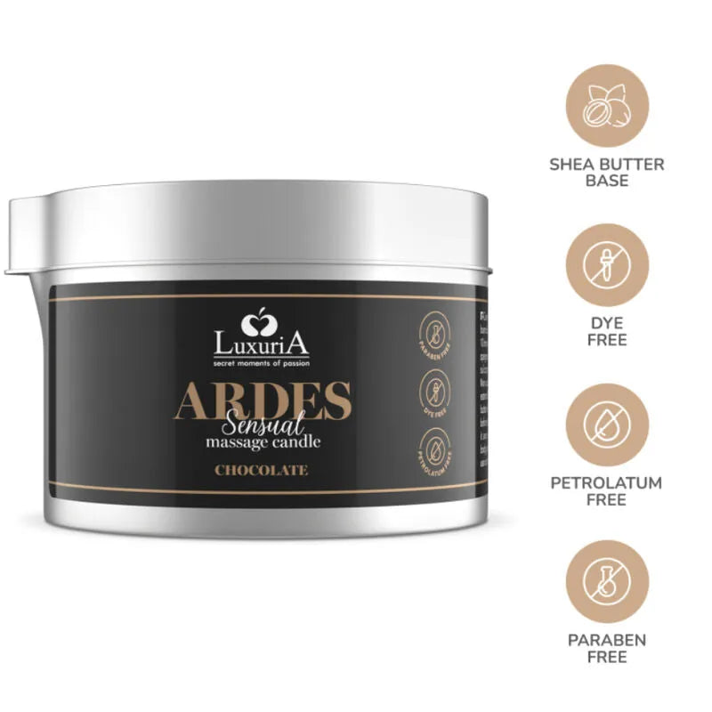 Bougie de massage Luxuria Ardes Isabella, pot noir et argent, enrichie en beurre de karité, parfum sensuel hydratant.