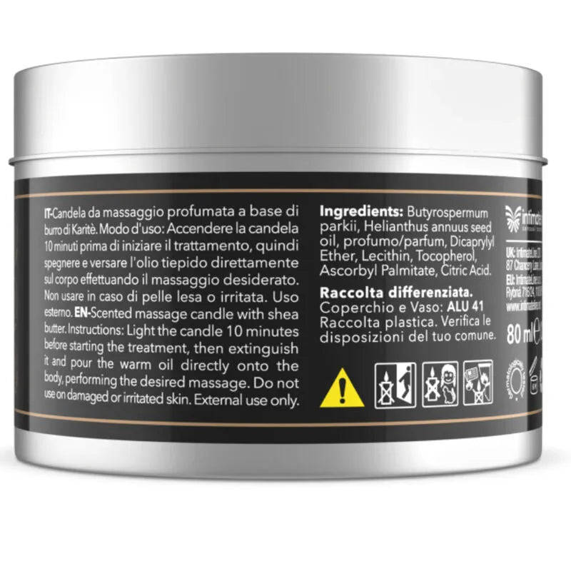 Bougie de massage Luxuria Ardes Isabella, pot argenté, enrichie beurre karité, parfum sensuel, soin peau hydratant.