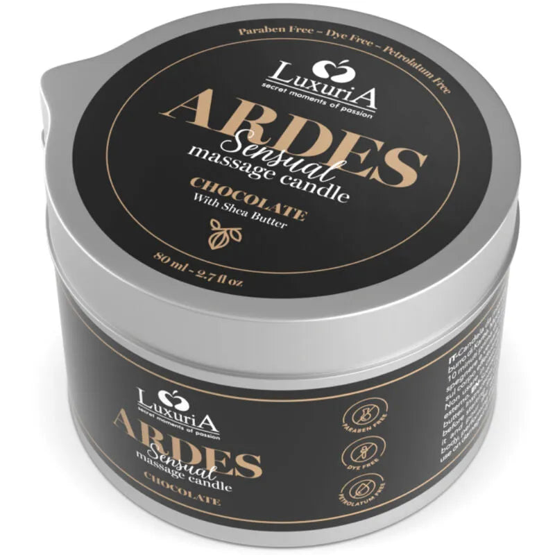 Bougie de massage Luxuria Ardes Isabella, pot noir, beurre de karité, parfum sensuel, hydratante, peau douce.