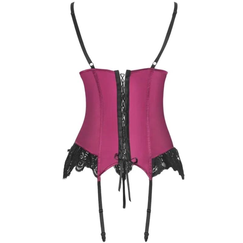 Ensemble lingerie corset string bordeaux élégant avec dentelle noire, ajustement extensible, idéal pour soirée romantique.