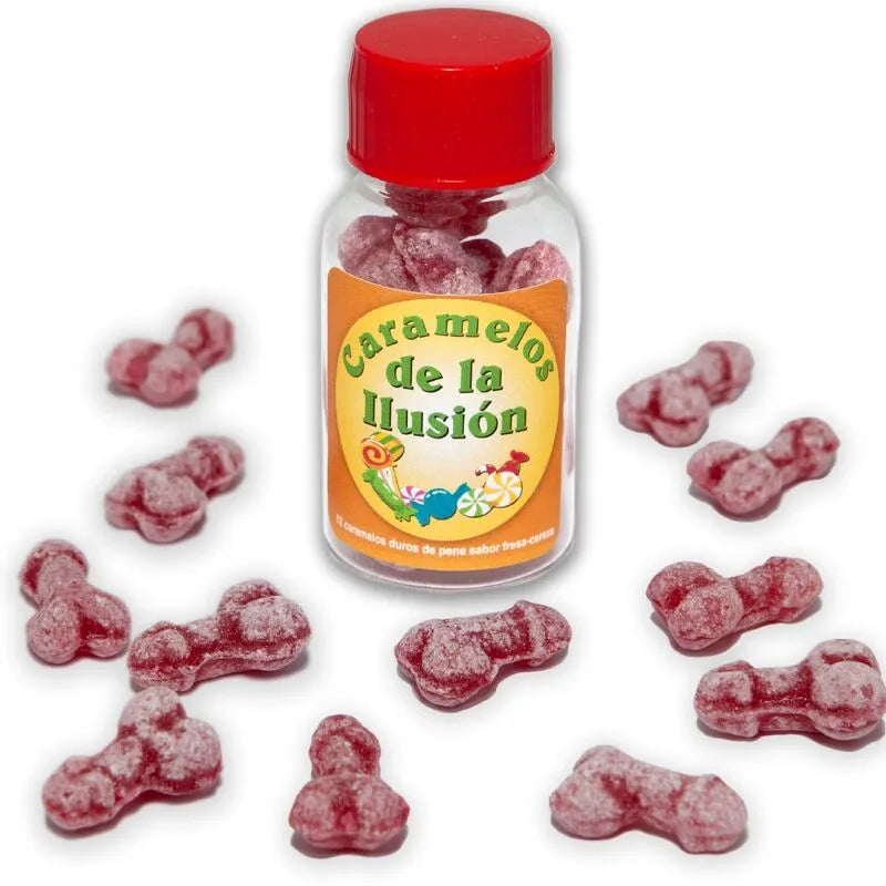 bonbons illusions pénis saveur fraise cerise ludique amusant hilarant festif dégustation texture moelleuse emballage attrayant cadeau original convivial