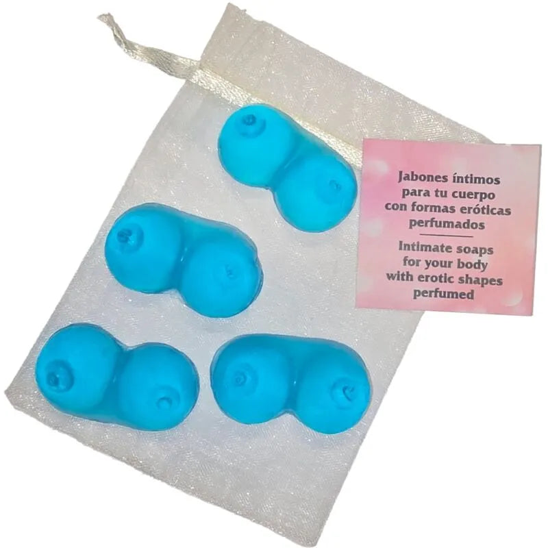 Coffret mini savons humoristiques parfumés bleu forme seins parfum frais peau douce souvenir original enterrement vie célibataire cadeau amusant