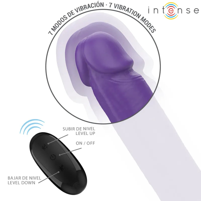 Double gode vibrant violet 40cm en silicone, télécommande noire, 7 modes, étanche, stimulation couples, plaisir partagé.
