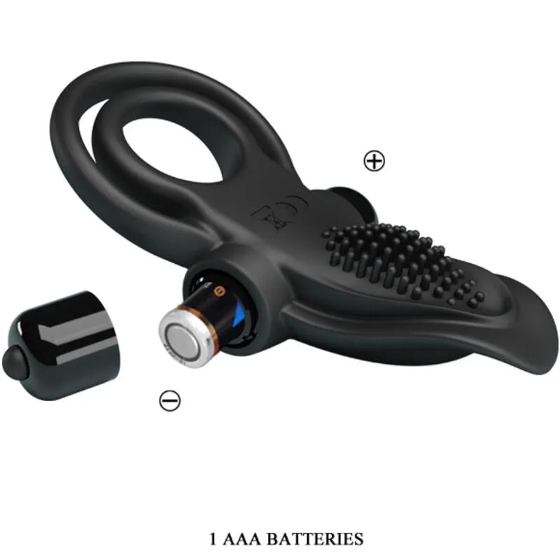 Anneau pénien vibrant noir en silicone doux avec texture stimulante, 10 modes, ergonomique et ajustable, batterie incluse.