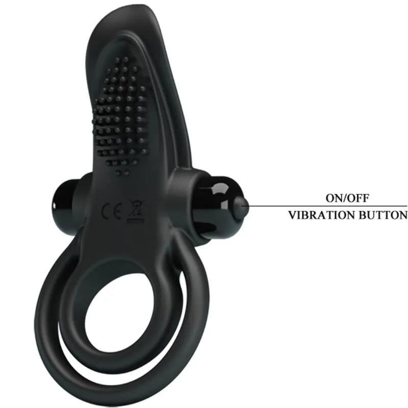 Anneau pénien vibrant noir en silicone doux avec boutons de vibration, design ergonomique et texturé pour couples.