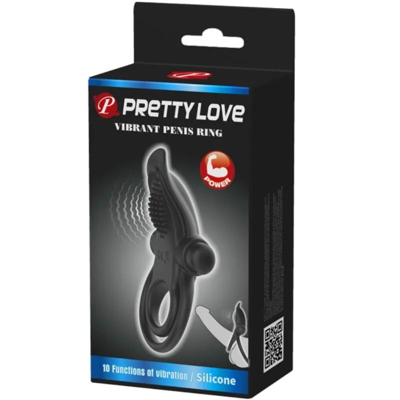 Anneau pénien vibrant noir en silicone, ergonomique, 10 modes, sur emballage noir avec logo et détails du produit.