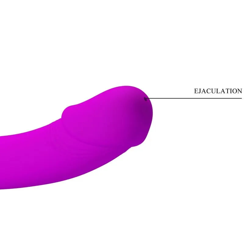 Gode-ceinture violet sans bretelles, silicone doux, forme réaliste, fonction éjaculation, stimulation double.