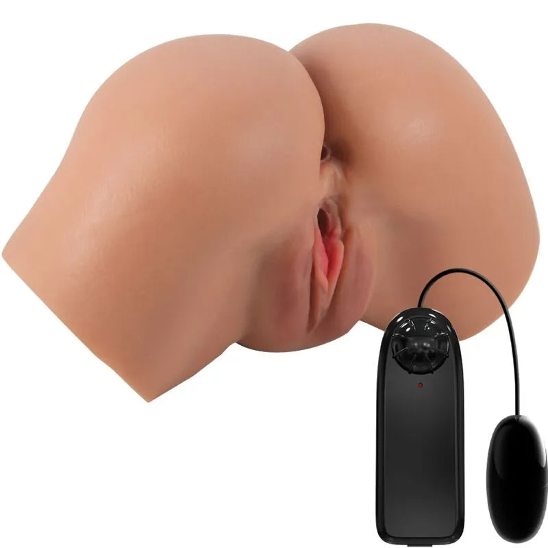 Masturbateur réaliste peau beige avec vagin et anus, télécommande noire pour vibrations, texture détaillée.
