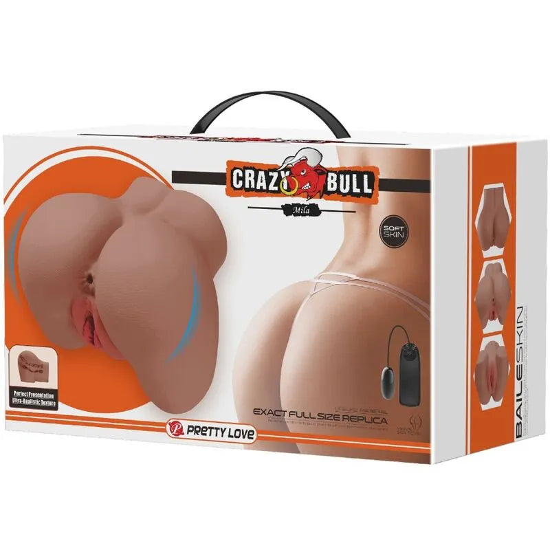 Vibromasseur Crazy Bull Mila, couleur chair, double entrée réaliste avec télécommande, boîte blanche et rouge.