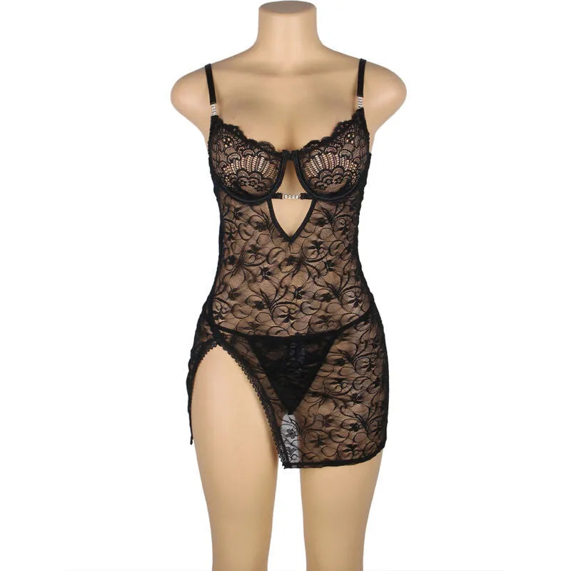 Babydoll dentelle noire Subblime, bretelles réglables, grande taille, design élégant et sexy, féminité audacieuse.