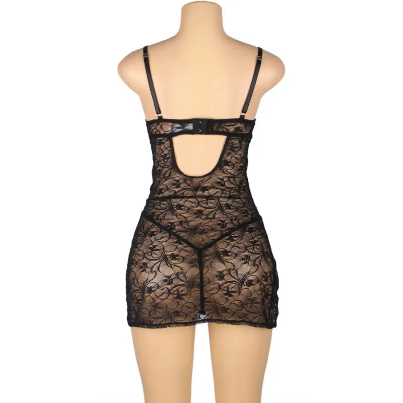 Babydoll en dentelle noire avec bretelles réglables, design élégant et sexy, grande taille, vue arrière.