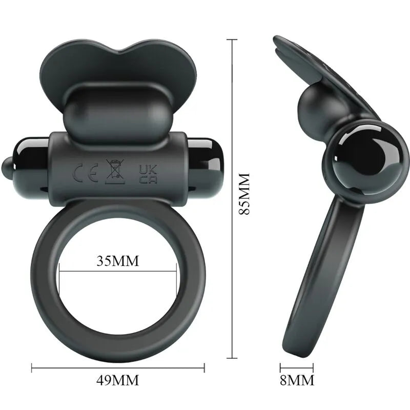 Anneau pénien noir silicone avec stimulateur rabbit, 10 vibrations, dimensions visibles, ergonomique et hypoallergénique.