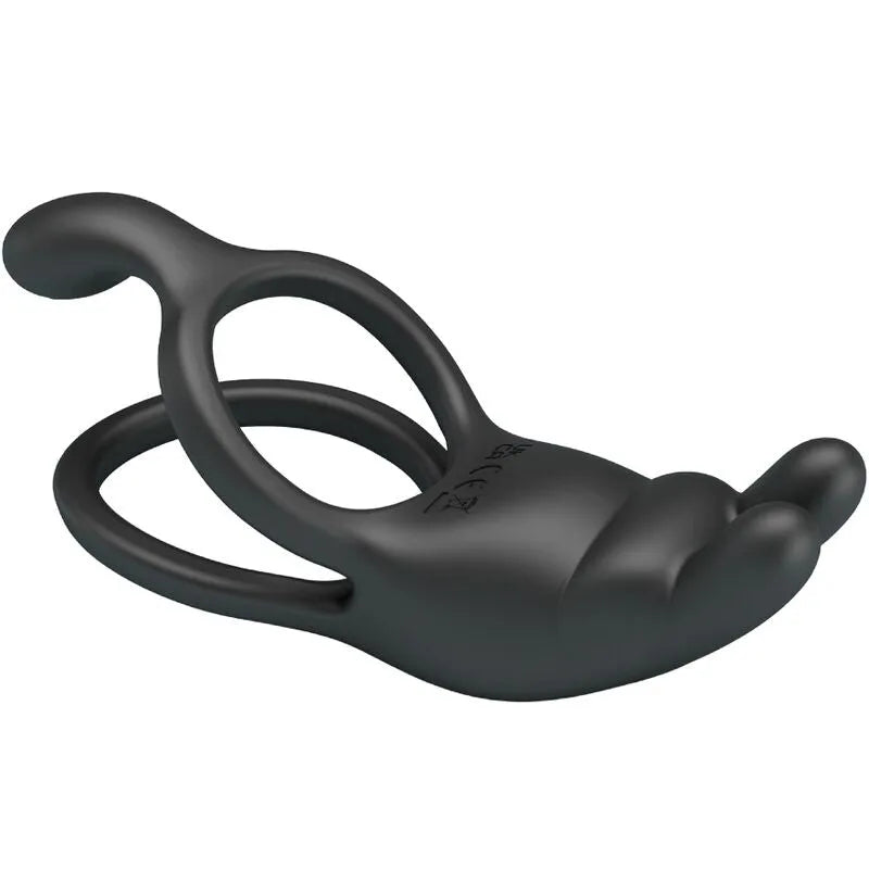 Anneau pénien vibrant noir en silicone, design ergonomique, stimulation clitoridienne, rechargeable USB, étanche.