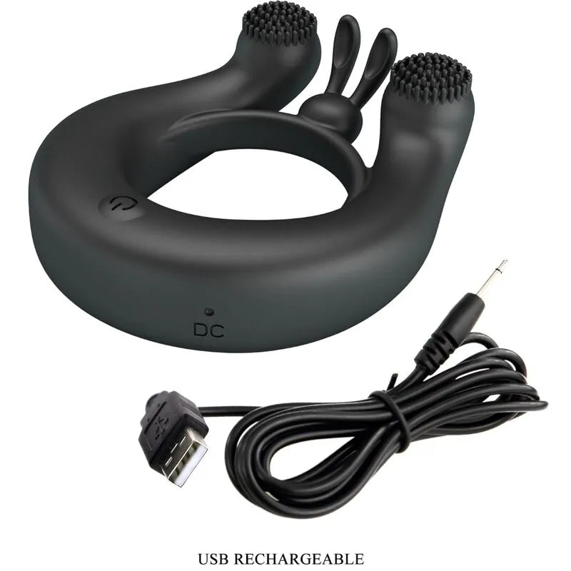 Anneau vibrant silicone noir, ergonomique, 12 modes, rechargeable USB, moteurs puissants, stimulation intense.