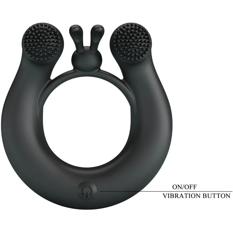 Anneau vibrant noir en silicone, ergonomique, avec boutons de vibration, 12 modes, rechargeable USB, design élégant.