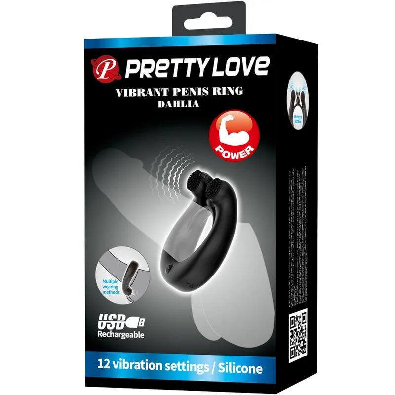 Anneau vibrant noir en silicone, ergonomique, rechargeable USB, 12 modes de vibrations, sur fond d'emballage élégant.