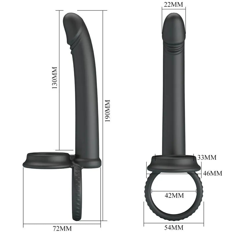 Anneau pénien silicone noir rechargeable, 12 modes vibration, ergonomique, dimensions visibles, intensité et prolongation.