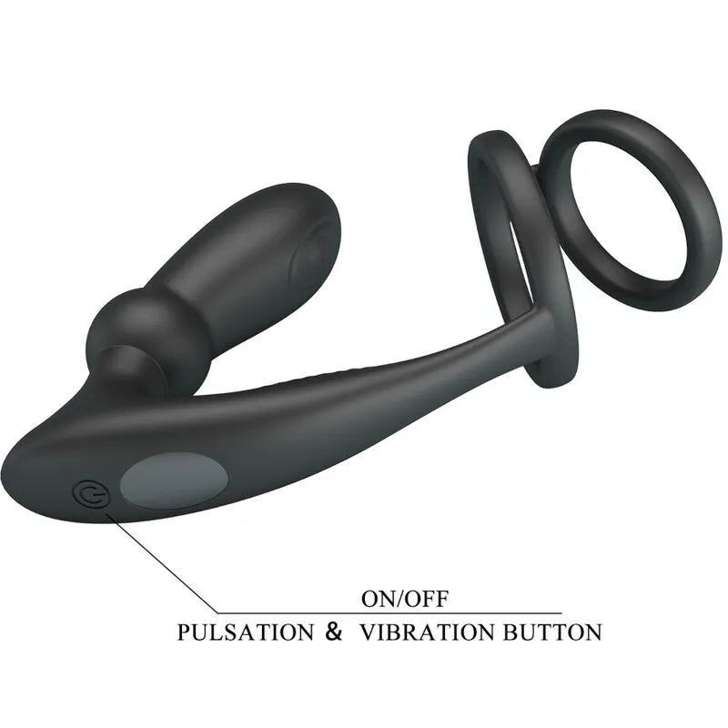 Anneau pénien vibrant noir avec plug anal en silicone, forme ergonomique, 12 modes, bouton on/off visible.