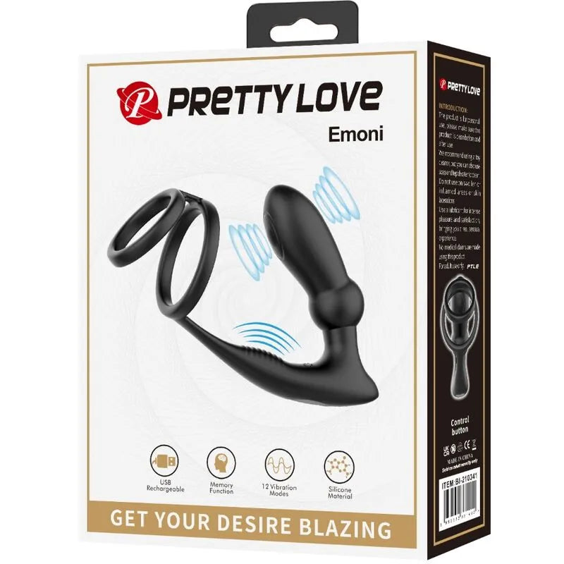 Anneau pénien vibrant noir avec plug anal en silicone, 12 modes, rechargeable USB, emballage discret et ergonomique.