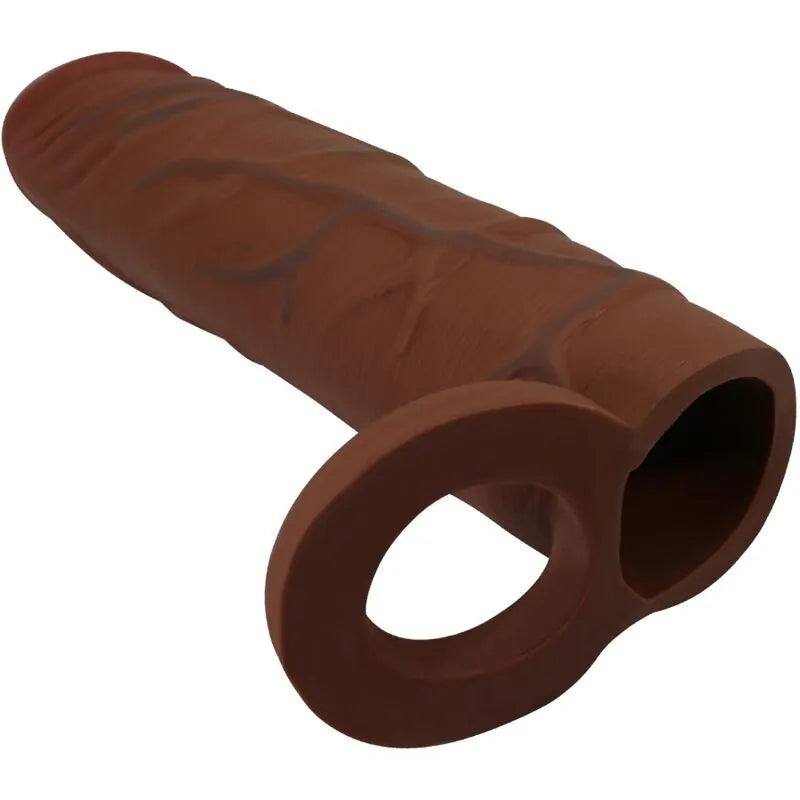 Anneau pénien et plug anal vibrant en silicone marron, rechargeable, avec maintien testicules, 12 modes de vibration.