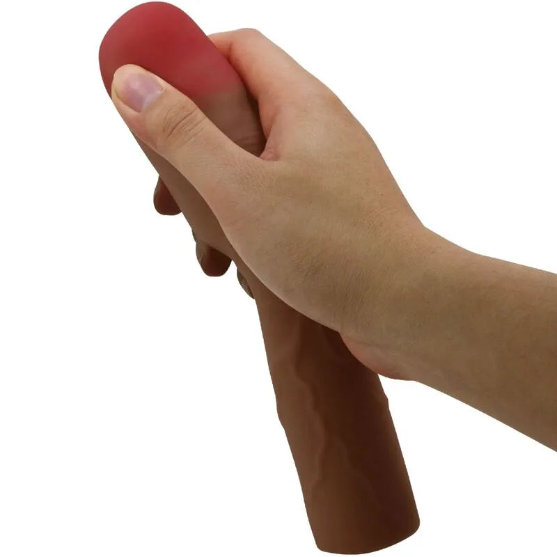 Extenseur pénis réaliste brun veiné texturé en TPR, forme allongée, bulbeuse, tenu en main, étanche, 7,6 cm.