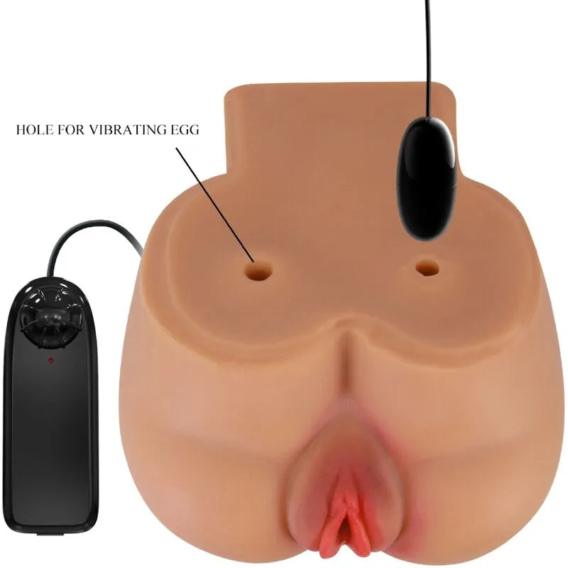 Masturbateur réaliste couleur chair avec double entrée vagin et anus, télécommande noire pour vibrations.