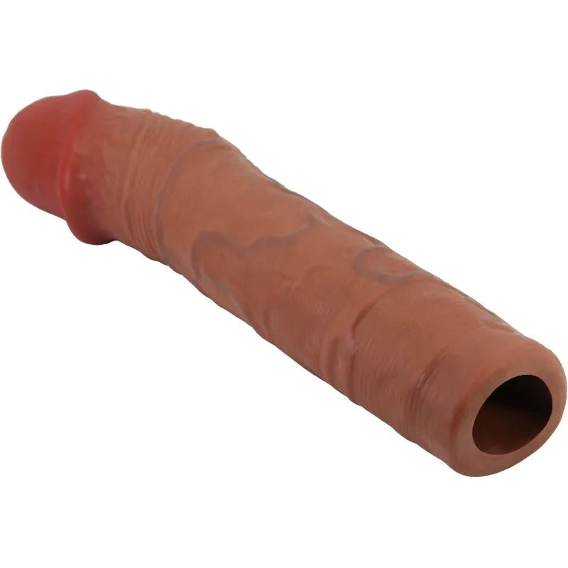 manchon pénis extension sept virgule six centimètres TPR ultra réaliste texturé veiné tête bulbeuse étanche doux résistant mulâtre