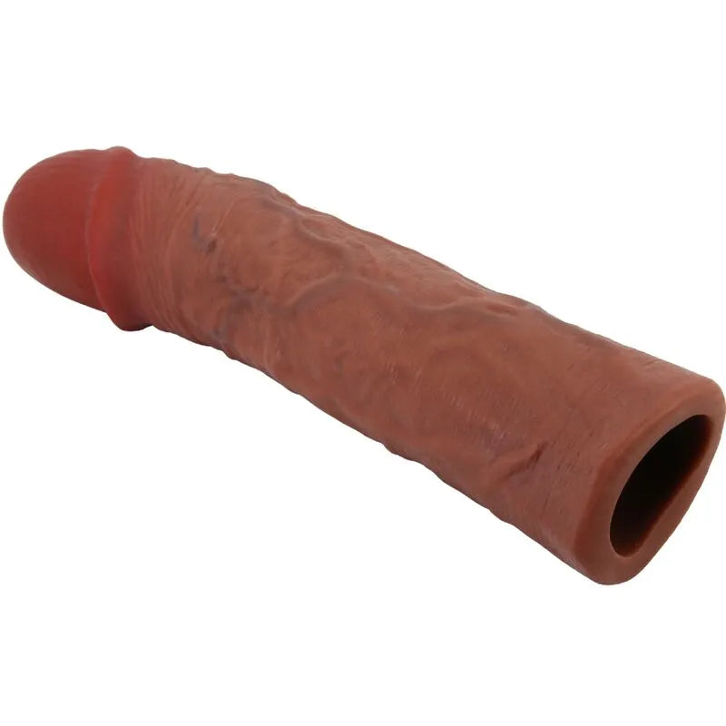 Manchon pénis réaliste TPR extension sept virgule six centimètres veines texturées mulâtre tête bulbeuse étanche flexible doux stimulation