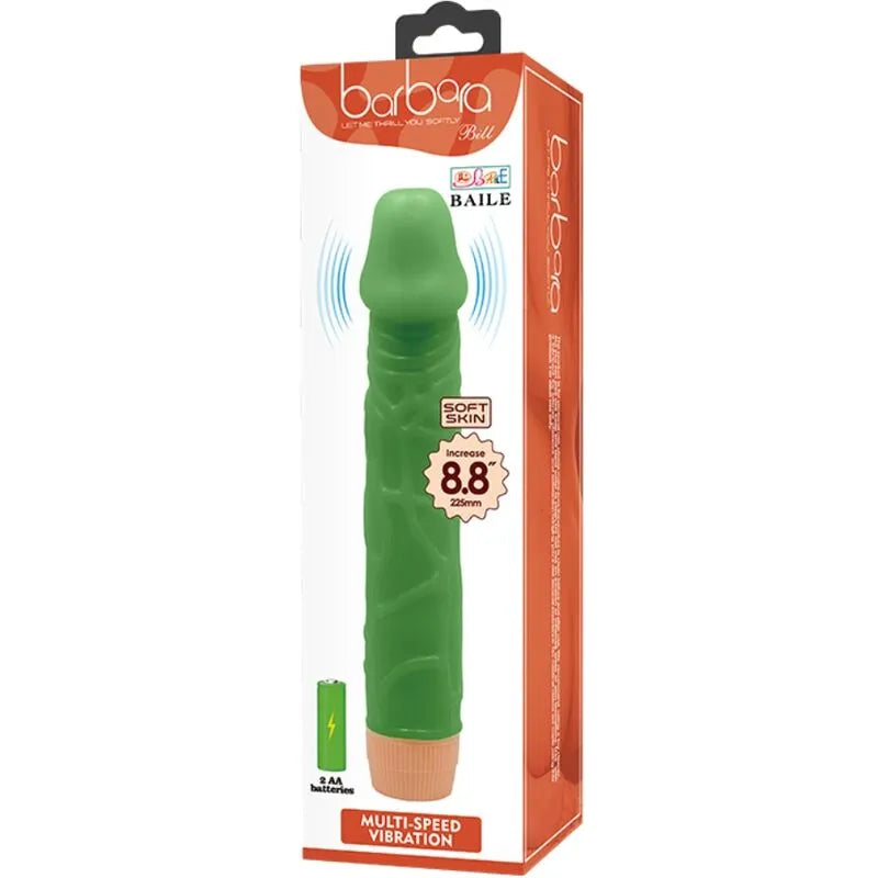 Vibromasseur réaliste vert 22cm, texture veinée, puissant, TPR doux, emballage BAILE, vibrations multi-vitesses.