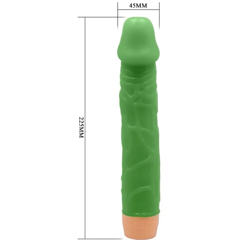 Vibromasseur vert réaliste 22,5 cm, texture veinée TPR, puissant, élégant, autonomie piles, plaisir intense.