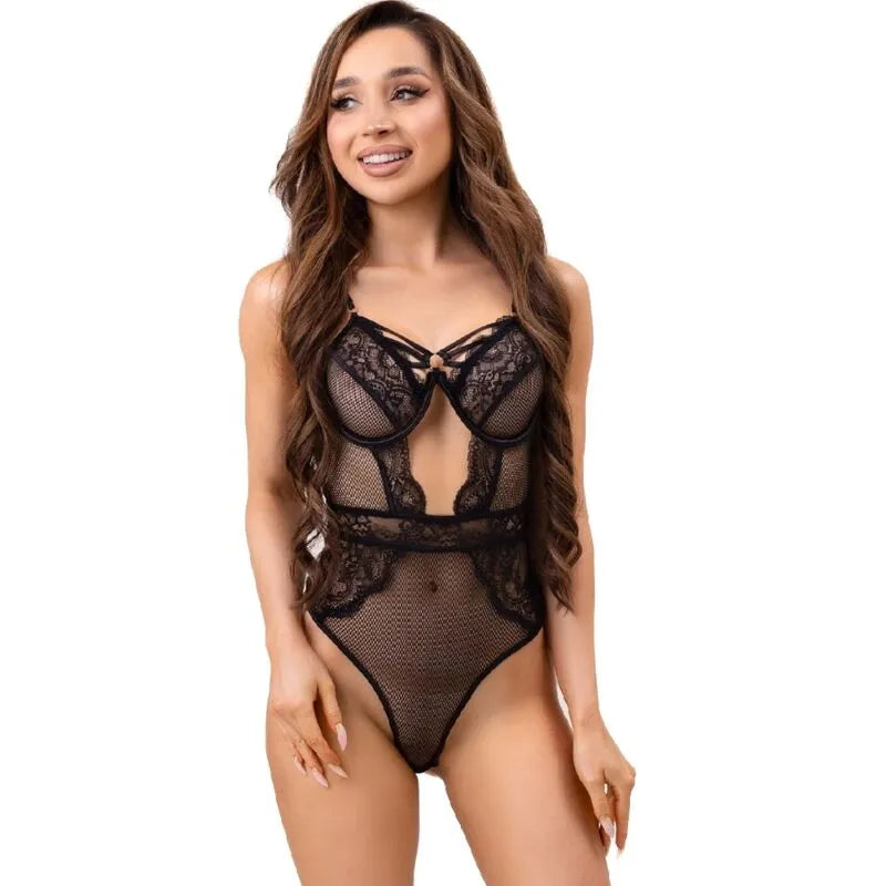 Body dentelle noire Livco Corsetti, résille transparente, armatures, bretelles réglables, élégance et sensualité.