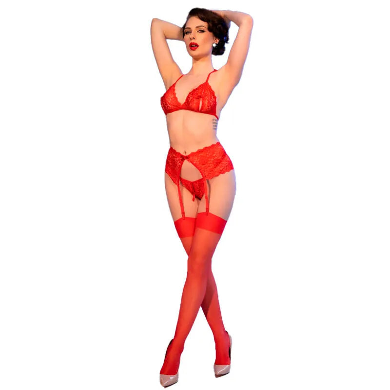 Ensemble lingerie rouge dentelle avec soutien-gorge à fentes, nœud, porte-jarretelles et zircons, élégant et séduisant.