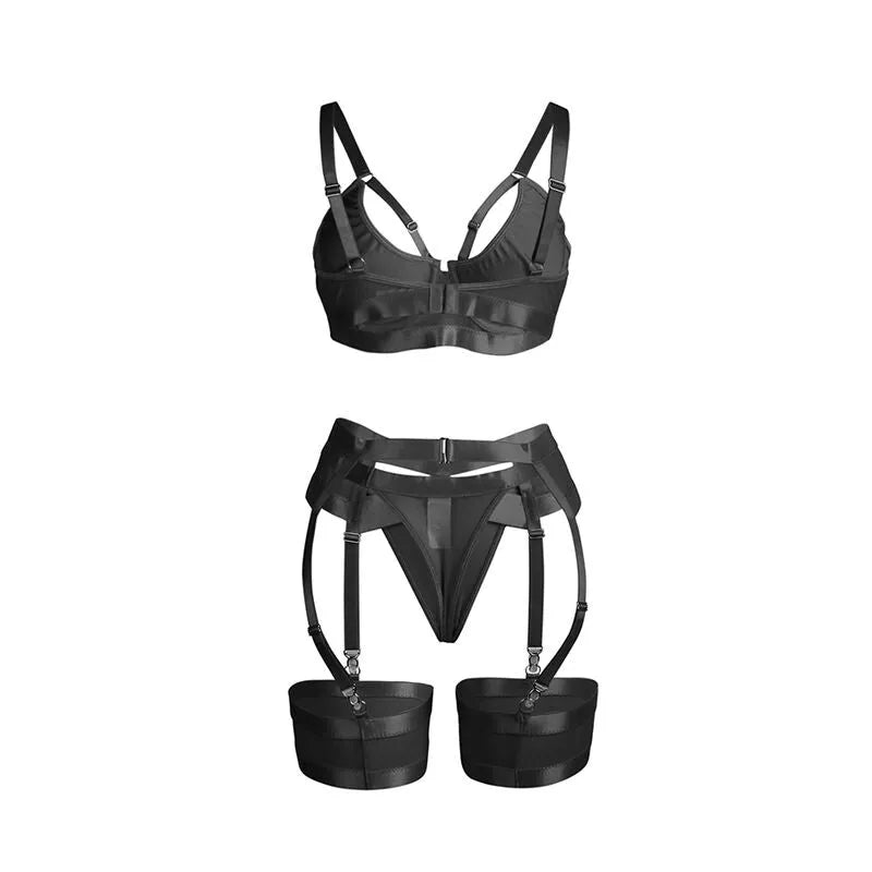 Ensemble lingerie noir bondage avec porte-jarretelles et soutien-gorge ajustable, design sensuel et élégant.