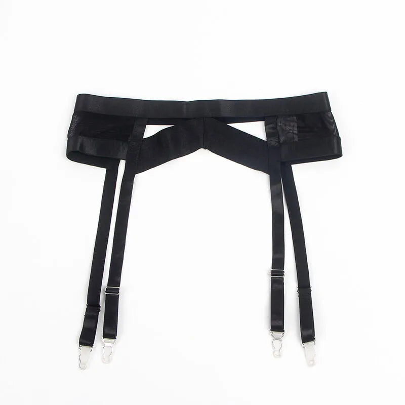 Ensemble lingerie noir avec porte-jarretelles ajustables, détails raffinés, style bondage, polyester élasthanne.