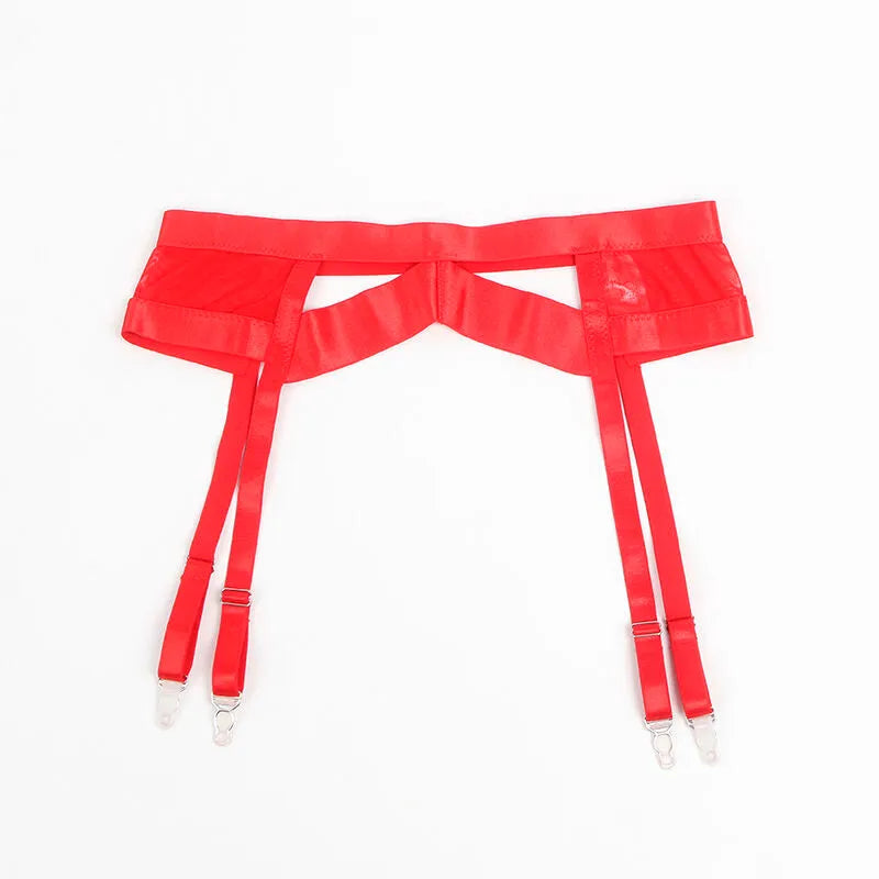 Ensemble lingerie rouge soyeux avec porte-jarretelles ajustable, style bondage, en polyester et élasthanne.