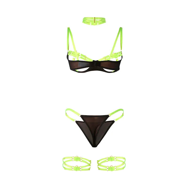 Ensemble lingerie vert bicolore, coupe creuse, bretelles réglables, satin élasthanne, style élégant et audacieux.