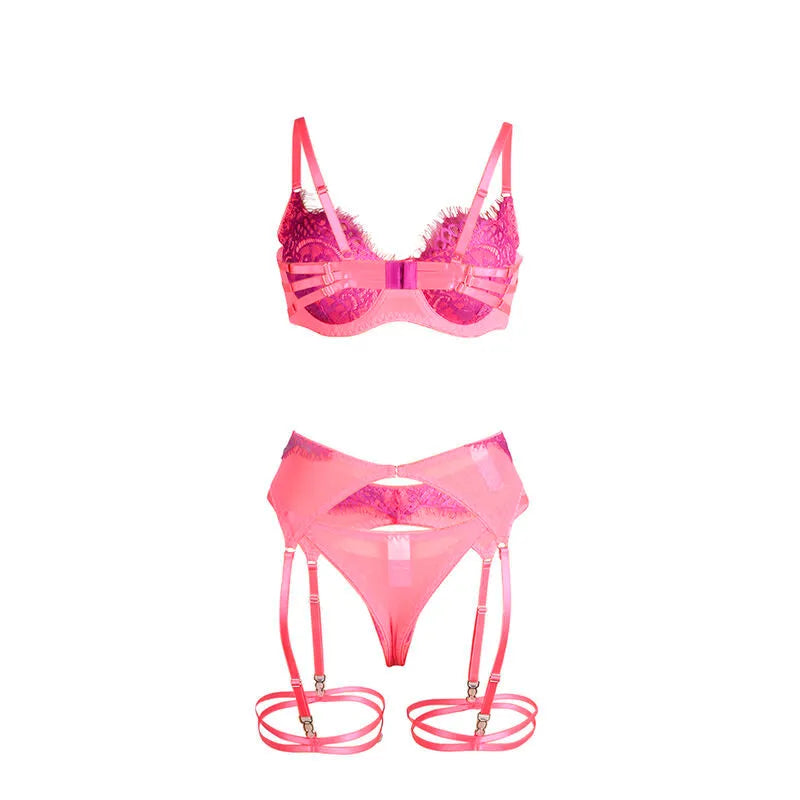 Ensemble lingerie rose dentelle épissée, soutien-gorge et culotte, design moderne, ajustement confortable, polyester élast...
