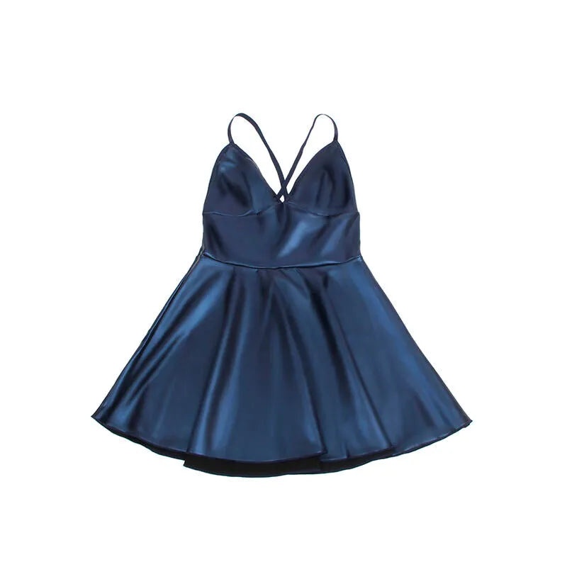Chemise de nuit satinée bleu vif, bretelles réglables, simili cuir, élégante et moulante, taille LXL, luxe moderne.