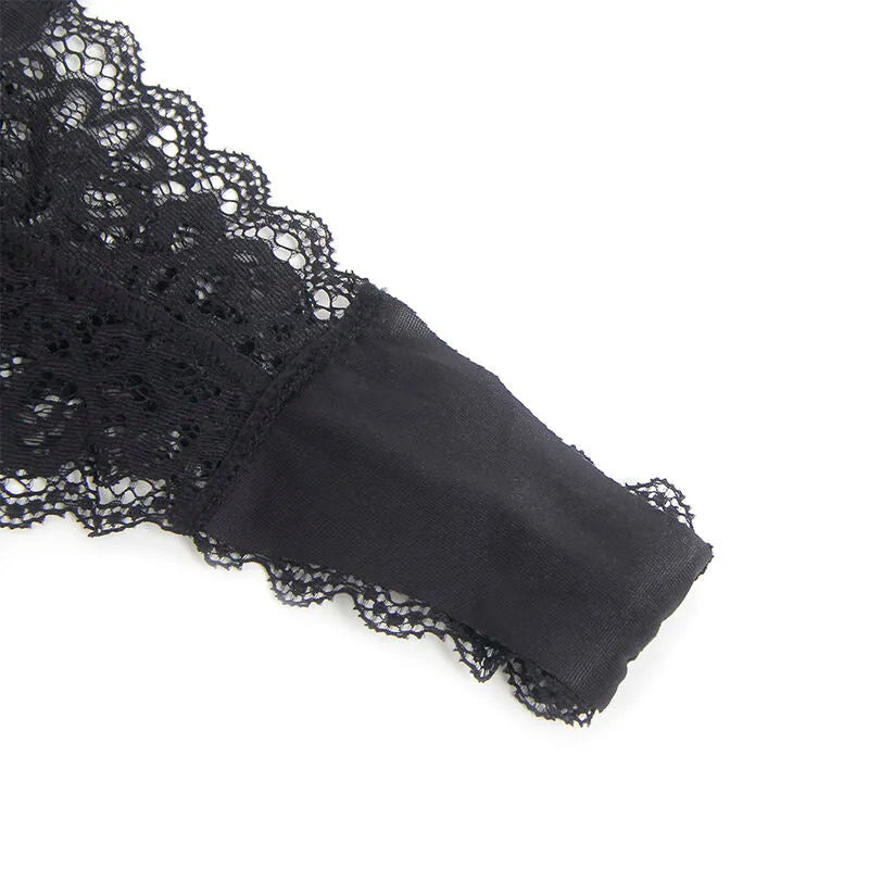 Ensemble lingerie noir dentelle et similicuir brillant avec porte-jarretelles, fermeture éclair avant, élégant et sensuel.