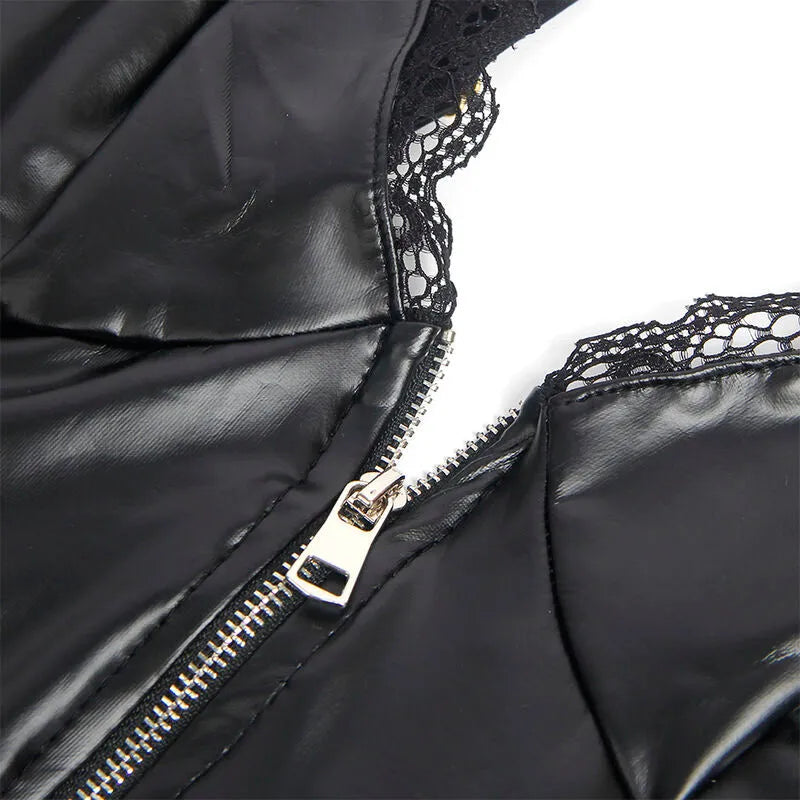 Ensemble lingerie noir dentelle et similicuir brillant avec fermeture éclair, porte-jarretelles réglables, élégant et sens...