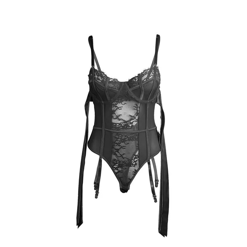 Body dentelle noire avec jarretelles, entrejambe ouvert, ajustable, élégant et séduisant, pour sublimer la silhouette.
