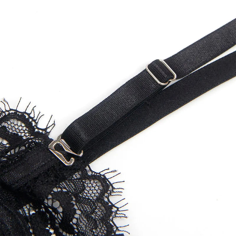 Body dentelle noire avec jarretelles ajustables, entrejambe ouvert, élégance sensuelle, nylon élasthanne extensible.