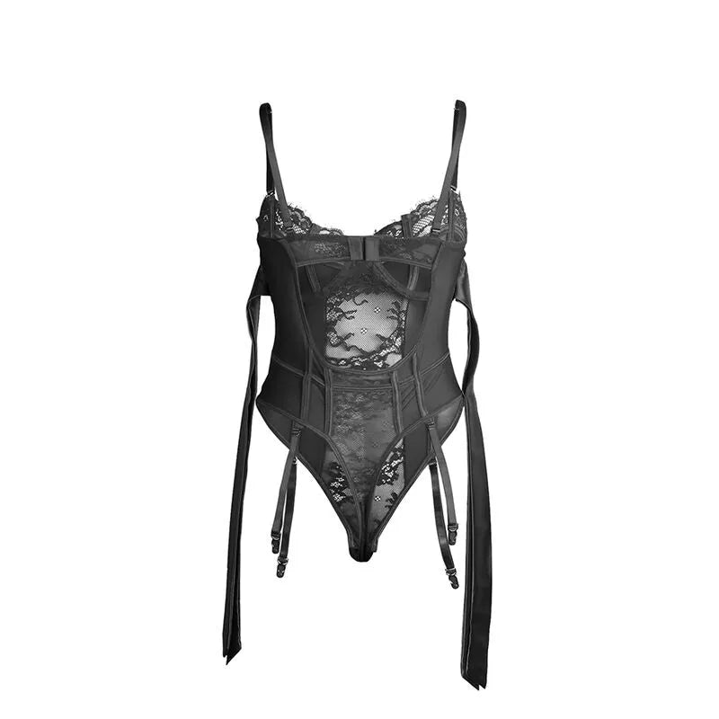 Body dentelle noire avec jarretelles, entrejambe ouvert, ajustable, élégant, sublimant la silhouette, nylon élasthanne.