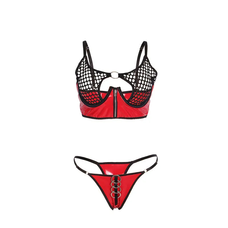 Ensemble lingerie rouge similicuir brillant, maille transparente, fermeture éclair avant, soutien-gorge ajusté, audacieux.