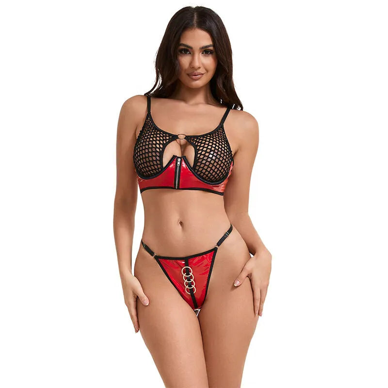 ensemble lingerie similicuir rouge maille fermeture éclair avant sensuel audacieux sexy brillant transparent extensible confortable moulant glamour séduisant