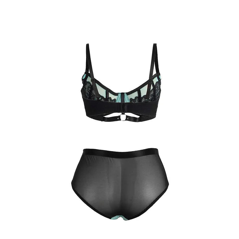 Ensemble lingerie dentelle verte, soutien-gorge balconnet rembourré, culotte maille, élégance et confort, taille S M.