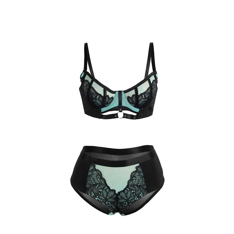 Ensemble lingerie dentelle verte, soutien-gorge push-up, culotte taille haute, élégant et moderne, floral et confortable.